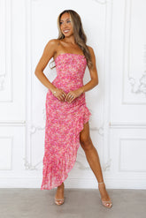 Dancing Dahlia Strapless Midi Dress Pink